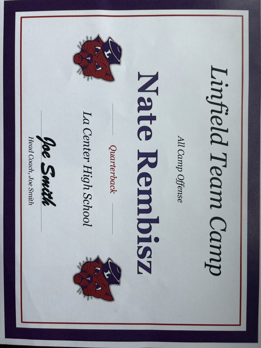 nate_rembisz (@naterembisz) on Twitter photo Had a great time competing <a href="/LinfieldFB/">Linfield Football</a> Team Camp and was honored to receive All Camp Quarterback!
Please take a look at my highlights
@hudl hudl.com/v/2SEEw6
<a href="/JordanJ_/">Jordan Johnson</a> <a href="/PrepRedzoneWA/">Prep Redzone Washington</a> <a href="/LaCenter_FB/">LaCenter Football</a> <a href="/eforcefootball/">EForce Football</a> <a href="/BrandonHuffman/">Brandon Huffman</a> <a href="/CoachSmithCats/">Coach Joseph Smith</a> Had a great time competing <a href="/LinfieldFB/">Linfield Football</a> Team Camp and was honored to receive All Camp Quarterback!
Please take a look at my highlights
@hudl hudl.com/v/2SEEw6
<a href="/JordanJ_/">Jordan Johnson</a> <a href="/PrepRedzoneWA/">Prep Redzone Washington</a> <a href="/LaCenter_FB/">LaCenter Football</a> <a href="/eforcefootball/">EForce Football</a> <a href="/BrandonHuffman/">Brandon Huffman</a> <a href="/CoachSmithCats/">Coach Joseph Smith</a>