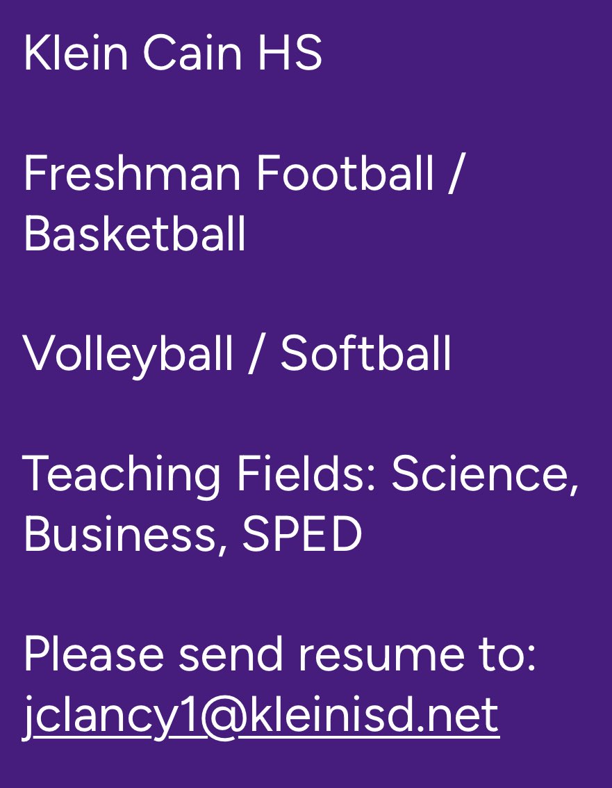 Klein Cain Athletics (@kcainathletics) on Twitter photo <a href="/KleinCain/">Klein Cain HS</a> has some teaching & coaching opportunities! Come join our #CULTUREOFCOMMITMENT !
#REIGNCAIN 🌀 <a href="/KleinCain/">Klein Cain HS</a> has some teaching & coaching opportunities! Come join our #CULTUREOFCOMMITMENT !
#REIGNCAIN 🌀