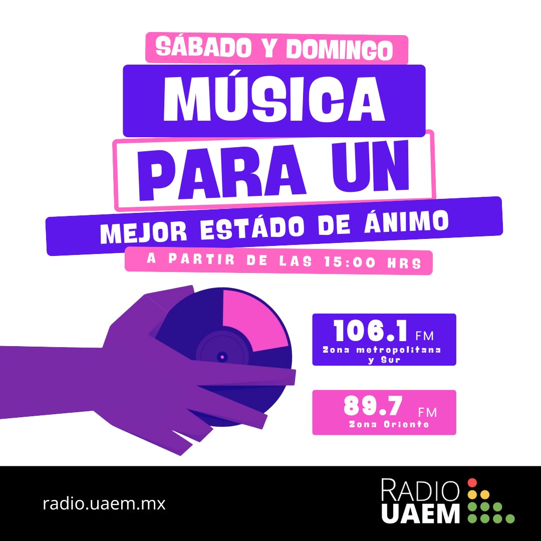 🎶 Sábados y domingos, enciende tu tarde con Radio UAEM 📻
A partir de las 15:00 h, disfruta de música para un mejor estado de ánimo.

🎧 Relájate, recarga energía y déjate acompañar por los mejores sonidos del fin de semana.

#RadioUAEM #MúsicaDeFinDeSemana #BuenEstadoDeÁnimo
