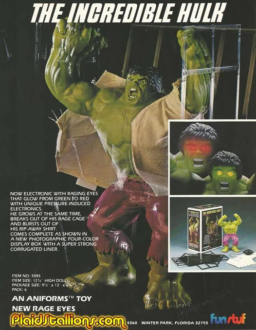 Plaidstallions's tweet image. The Aniforms Incredible Hulk with "Rage Cage" by Fun Stuf toys, maker of the Spider-Man web shooter.
#funstuf #incrediblehulk #plaidstallions