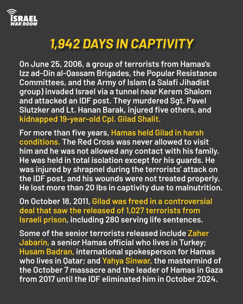 On this day in 2006, IDF soldier Gilad Shalit was kidnapped by Palestinian terrorists who invaded Israel via a tunnel from Gaza. He was held hostage for 1,942 days before being released in a controversial deal in which 1,027 Palestinian terrorists were released from Israeli
