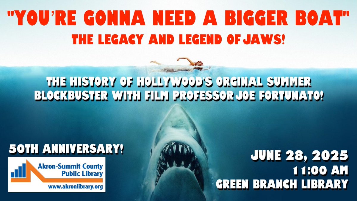 joefortunato's tweet image. Don't forget! This coming Saturday, June 28 for FREE!
Jaws 50th Anniversary Lecture/discussion with Film Professor Dr. Joe Fortunato!
This event is FREE at the Green Branch Library 11am. More details at joefortunato.net/events/. Hope to see you there!