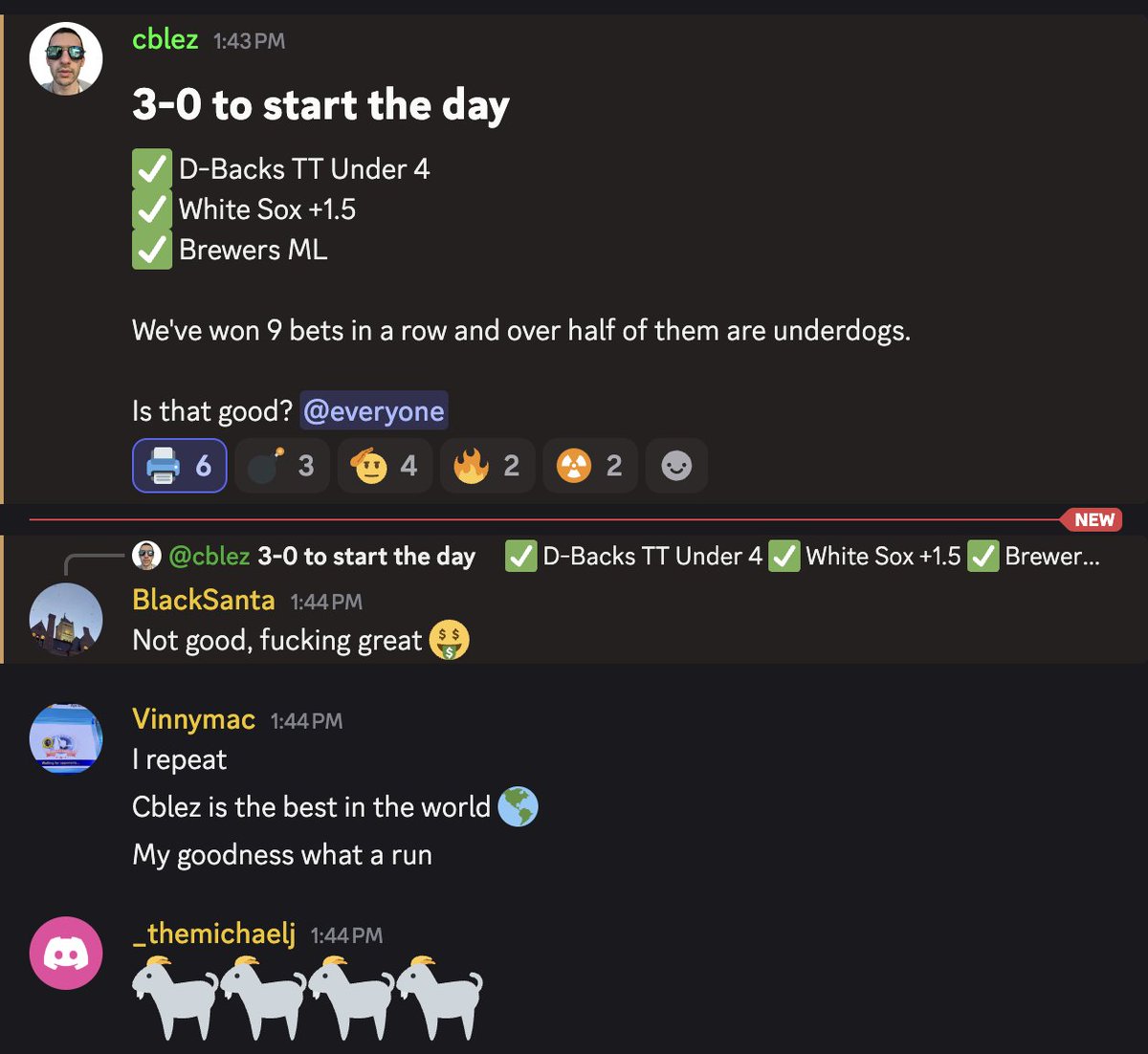 cblezbets's tweet photo. 3-0 to start the day

9 straight winners (more than half were underdogs)

Discord is in a frenzy https://t.co/yzaUmjZr9o