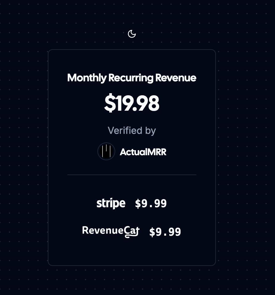 Day 18 of building tools I would use 🛠️: (Long time)
📦 A new project: A tool to verify your MRR for audience/investors/buyers
actualmrr.com 

Finished MVP including:
-  landing page.
- Integration with Stripe and RevenueCat.
- Sharable link.

Free till the end of July.
