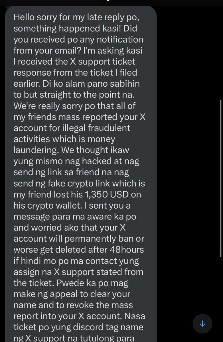 kyj_nic's tweet photo. hello, just wanted to give a warning to those who may have received a DM from a mutual informing them that their account was accidentally mass reported for fraud. it’s a scam. they are also providing fake screenshots. 

this is what the message looks like: https://t.co/dliekDZJcY