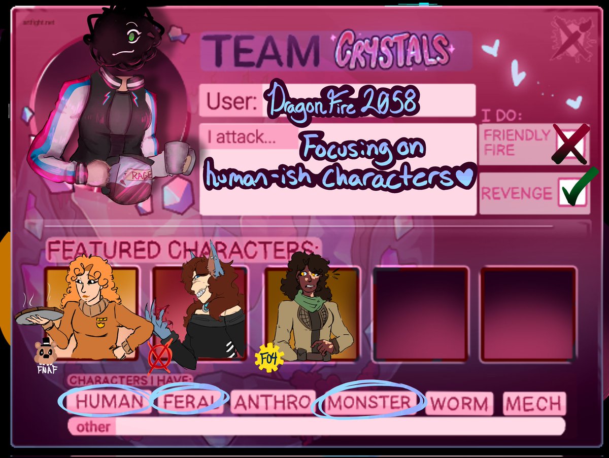 _Nightmare_83's tweet photo. Im ready for #artfight this year! Featuring my ocs Jamie/Sammy/Terra from Fnaf/CreepyPasta/and Fallout 4 ♡ 

#TEAMCRYSTALS #artfight2025 #Artfightteamcrystals https://t.co/yIUMMVcSih