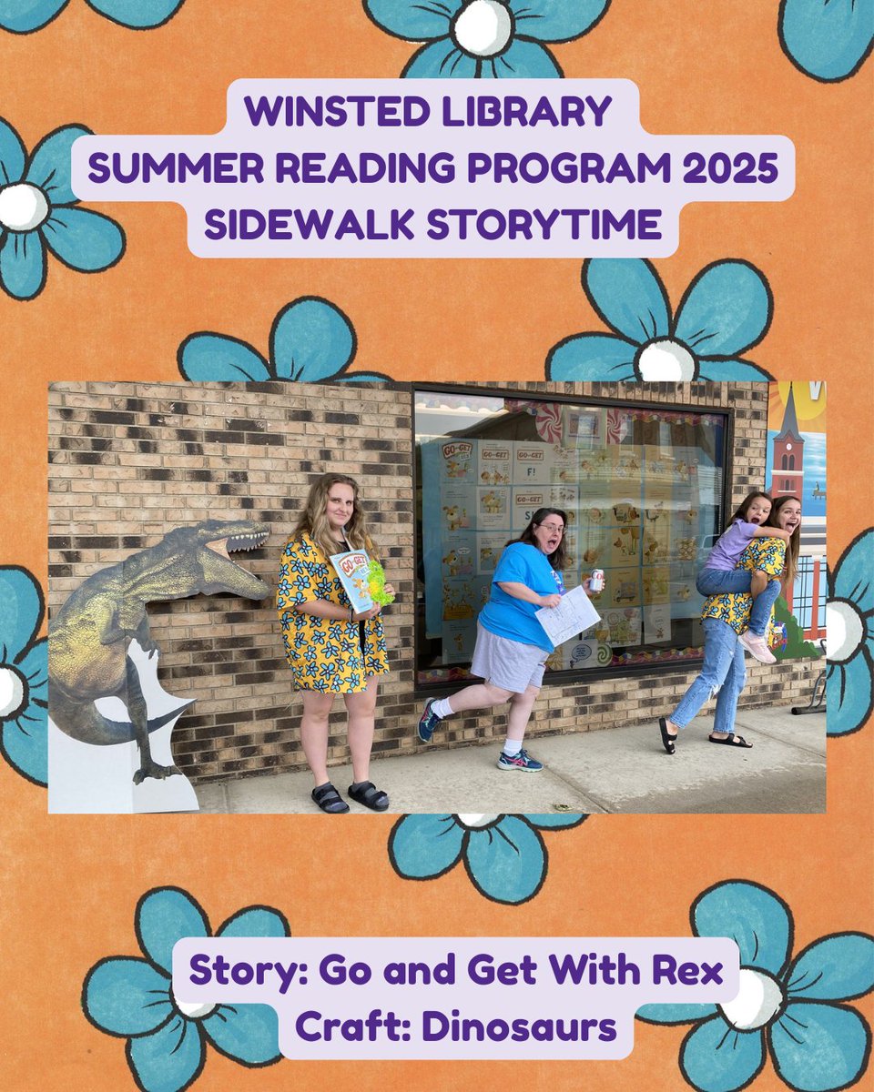 Winsted_Library's tweet photo. This week we're playing a game of Go and Get with Jack, Jill, and Rex. We found a HUGE DINOSAUR! 

Read the story until next Monday afternoon &amp; then stop in &amp; pick up the dinosaur craft from the entryway. 
  
#WinstedLibrary #SidewalkStorytime #SummerReading https://t.co/3j7wG4zPGF