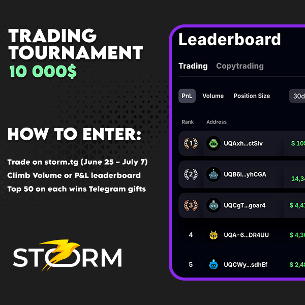 EverglowNft's tweet photo. It’s time.

Storm’s Trading Tournament has begun.

Here’s how to enter:

Trade on https://t.co/ETxRMvLA5J from June 25 to July 7

Climb either leaderboard — Volume or P&amp;L

Top 50 on each win Telegram gifts

Any market. No limits. https://t.co/9Zfy5AB8AN