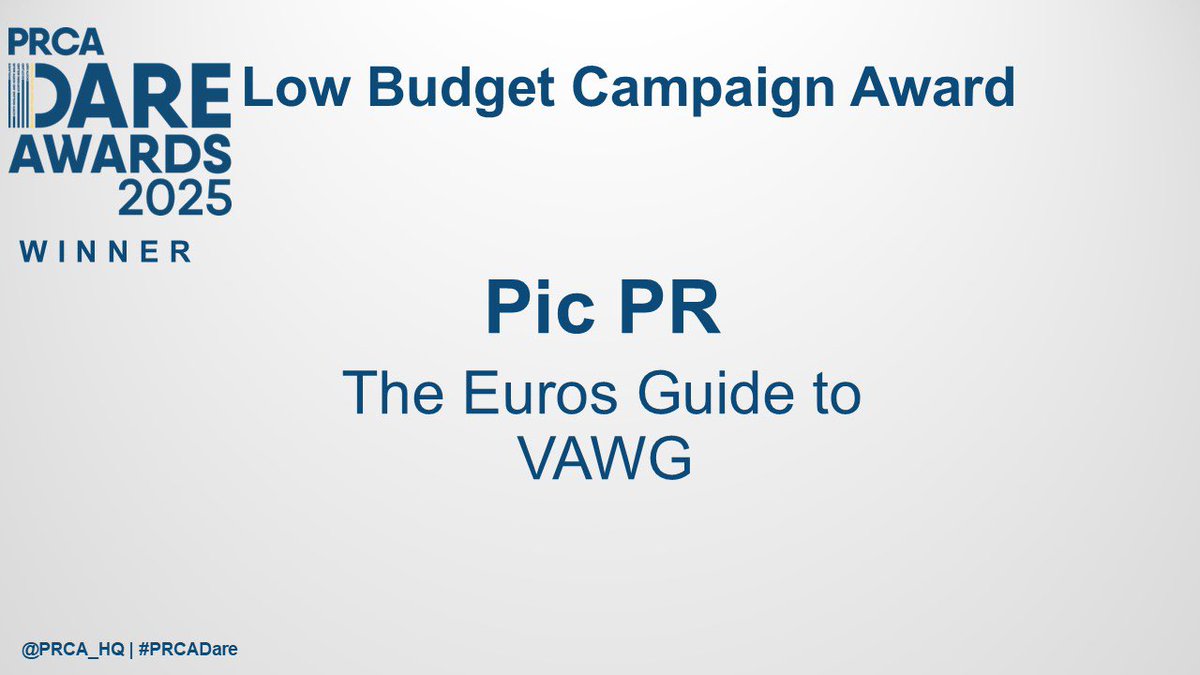 PRCA_HQ's tweet image. 🏆 Low Budget Campaign Award
🎉 Cheers to @picpr – winners for The Euros Guide to VAWG! Proving big impact can come from small budgets. #PRCADare