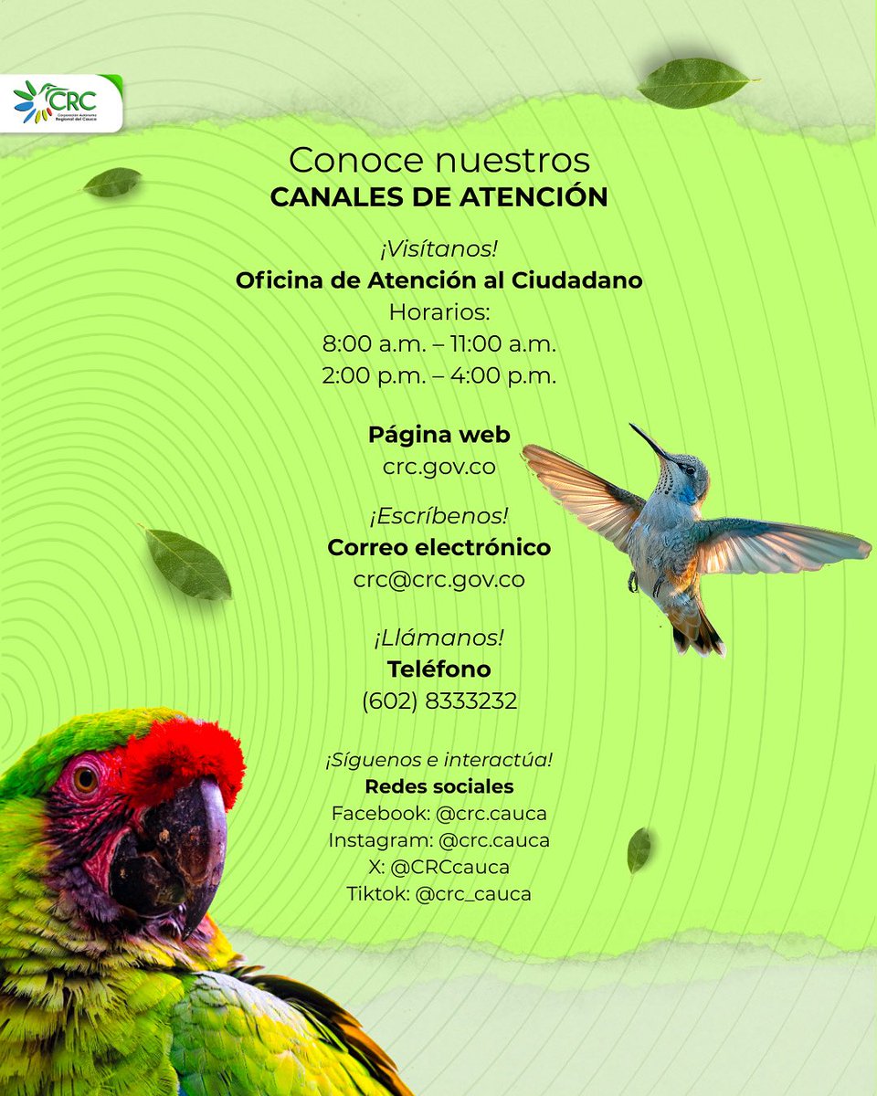 CRCcauca's tweet image. 🙋🏾♂️ Conoce todos nuestros canales de atención y elige el que mejor se adapte a ti.
👩🏻💻 En la CRC te escuchamos, te orientamos y respondemos.
💻📞 ¡Contáctanos hoy y hagamos del Cauca un territorio más participativo y consciente! 🌿
🗣️ Escríbenos, llámanos o visítanos.