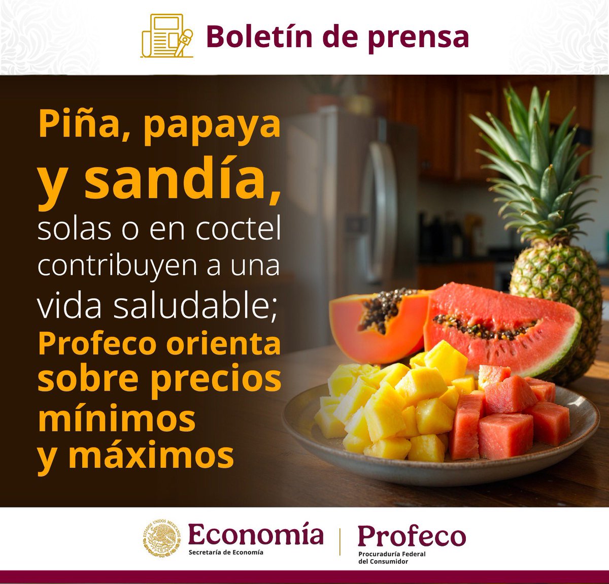 #BoletínDePrensa Con el objetivo de promover una cultura de consumo responsable mediante información oportuna, y en concordancia con la Estrategia Nacional “Vive saludable, vive feliz”, se realizó el monitoreo de precios de la piña, papaya y sandía.

Invitamos a las personas