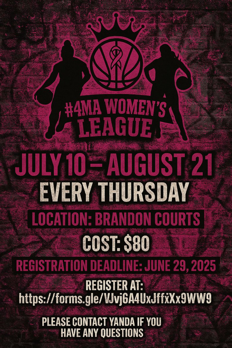 kikijefferson30's tweet photo. #4MA Women’s League Signups!!! We are excited to get this started!!!! Every Thursday beginning July 10th behind The Rec!!
Registration Link: https://t.co/4Gshm2p12f
Contact me If you have any Questions!
Signups close Sunday June 29th!!! https://t.co/XzGsmFmxjj