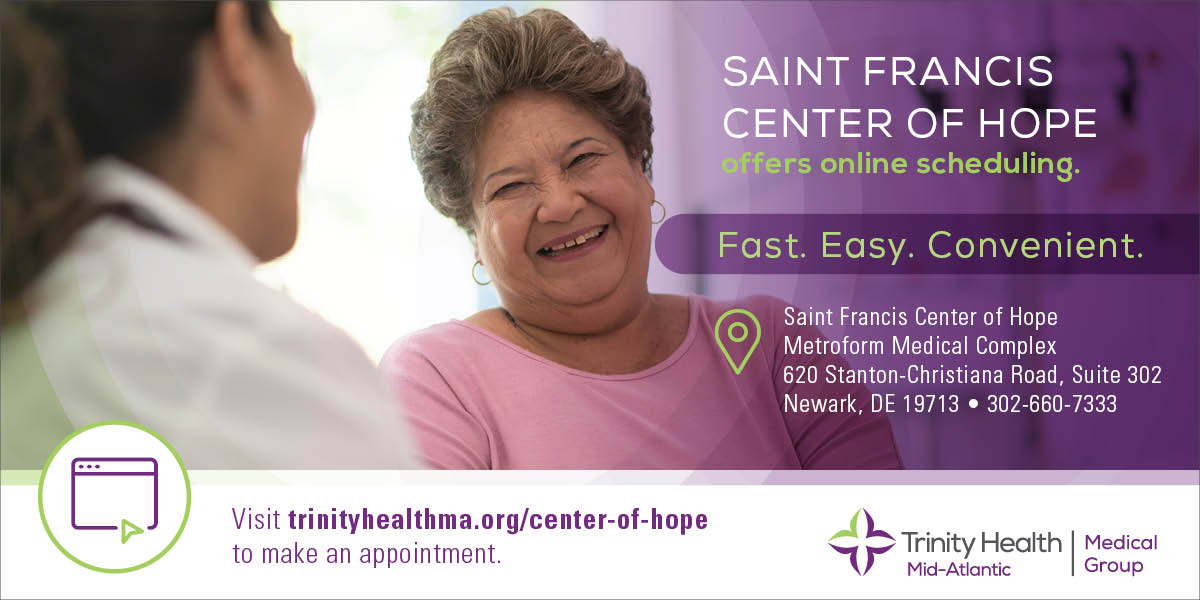 You can schedule an appt online with a Trinity Health Mid-Atlantic Medical Group provider at our Saint Francis Center of Hope practice.
 
Online scheduling is Fast, Easy and Convenient. Skip the phones. Make an appt today! Click here to schedule: mychart.trinity-health.org/MyChart/opensc…