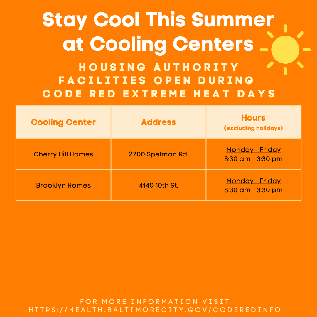 🔥 It is HOT in Baltimore this week — prepare for the heat by staying hydrated, covering your windows, and staying in air-conditioned locations.

If you don't have air conditioning at home, consider visiting a cooling center near you: ow.ly/PL5650Wgq9Y