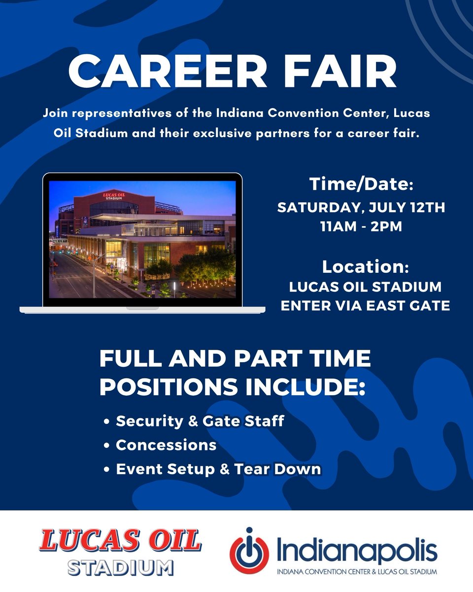 LucasOilStadium's tweet image. 👀 Looking for your next job opportunity? Join the team that makes our city&apos;s biggest events happen at the Indiana Convention Center &amp;amp; Lucas Oil Stadium! You can learn more about roles with the convention center and stadium AND our exclusive partners @sodexo_live! and BEST Crowd…