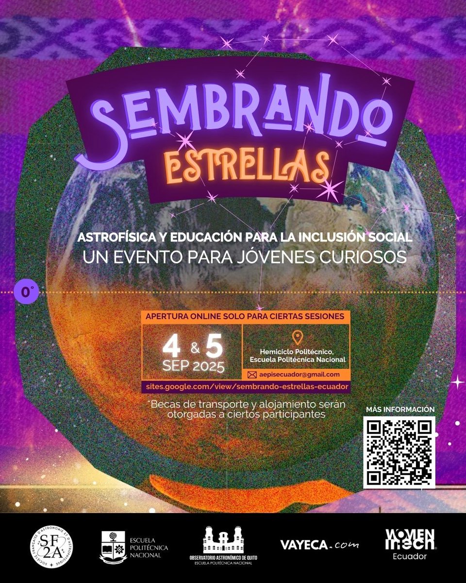 ¡Jóvenes de Ecuador! "Sembrando Estrellas" es tu taller gratuito para hablar con astrofísicos, explorar el universo y despertar tu curiosidad.

🗓️ 4 y 5 de septiembre, 2025 📍 Hemiciclo Politécnico, EPN, Quito
¡Cupos limitados! Regístrate ya: docs.google.com/forms/d/e/1FAI…