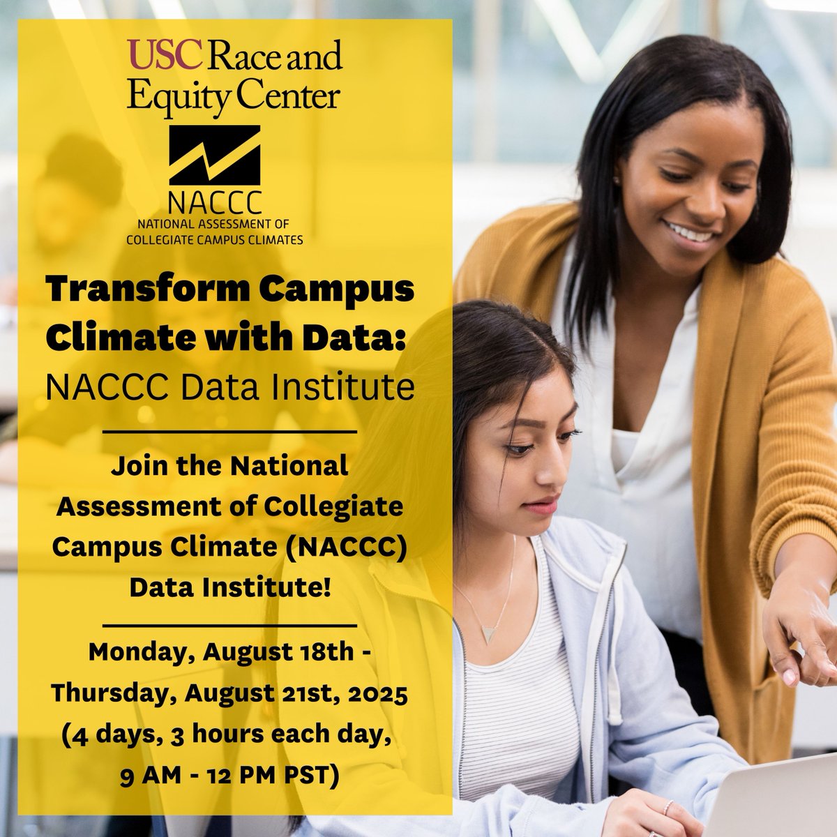 USCRaceEquity's tweet image. Calling all higher ed professionals &amp;amp; grad students!
Join the 2025 NACCC Data Institute — a 4-day virtual experience hosted by the USC Race and Equity Center. 

Led by expert instructors from across the field.
Apply now: uscrec.info/ndi-2025: