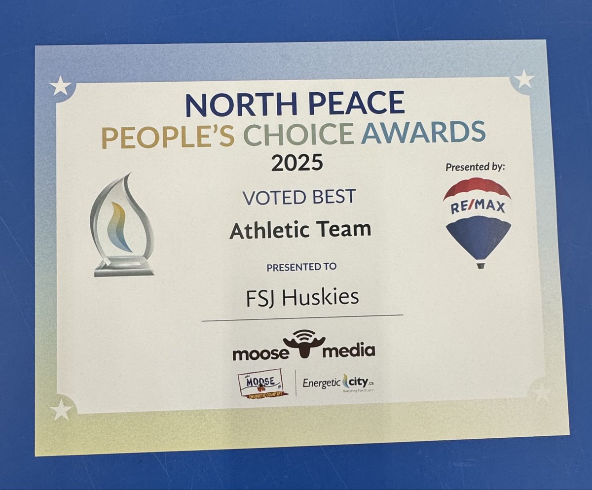 FSJ Huskies would like to thank everyone that voted for us in The North Peace People's Choice Awards 2025 - Best Athletic Team!!
Thank you to 100.1 Moose FM, Energeticcity.ca and RE/MAX  for bringing the community together to vote for their favorites!!