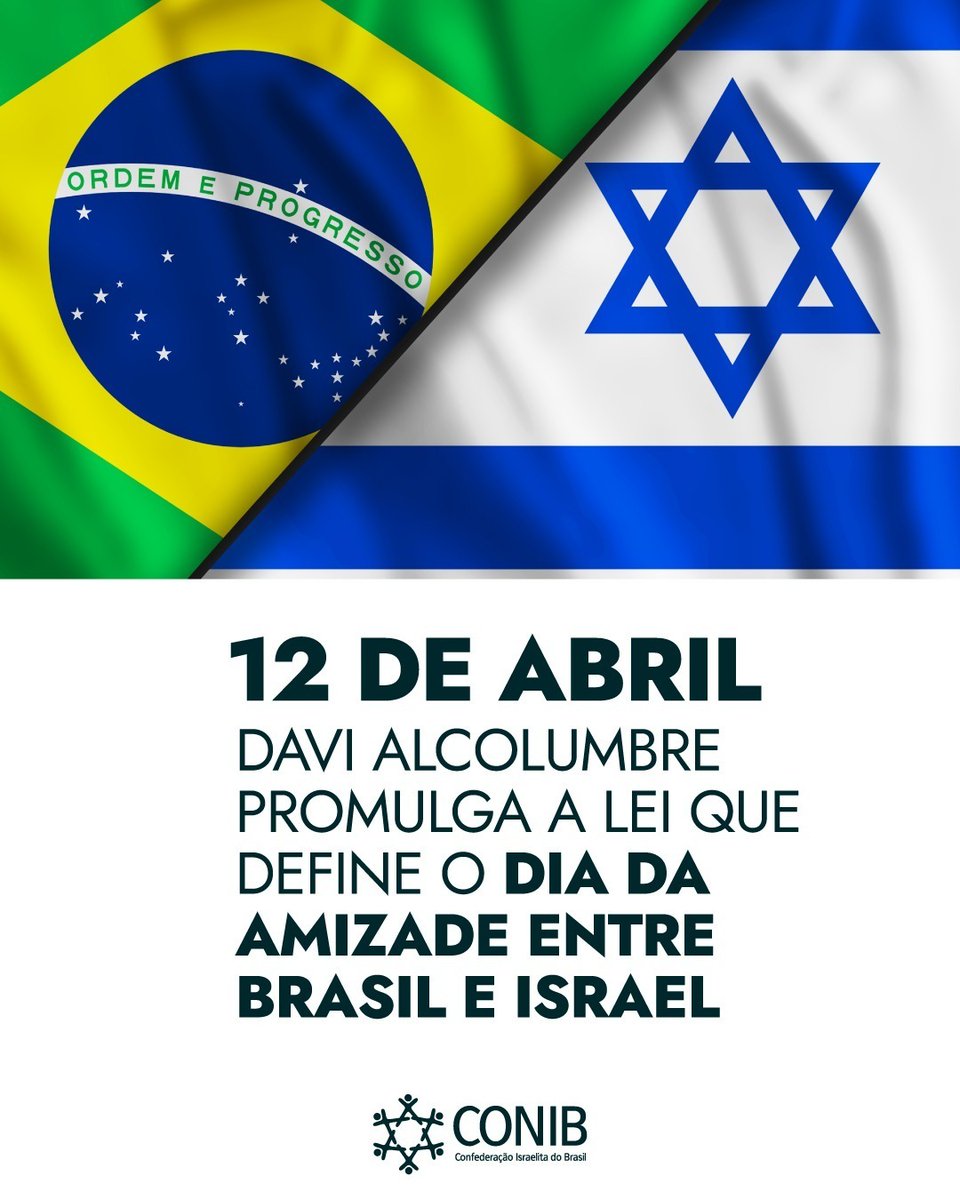 É lei: 12 de abril agora é o Dia da Amizade Brasil - Israel.

O presidente do Senado, Davi Alcolumbre, promulgou a lei que cria oficialmente o Dia da Amizade Brasil-Israel.