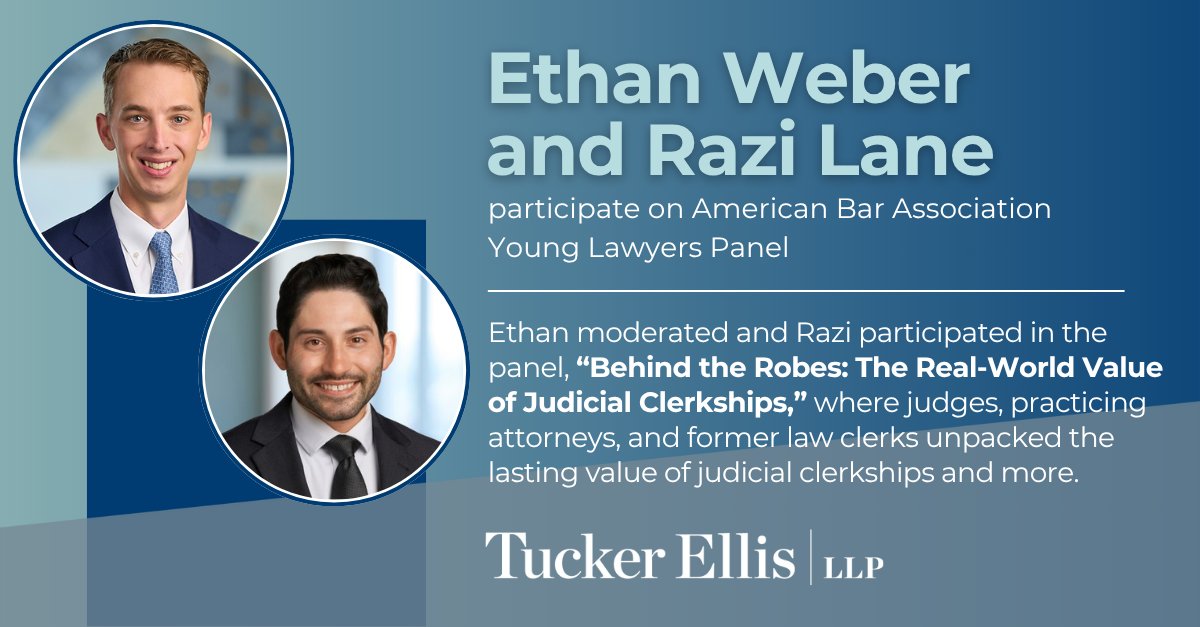 On June 25, Ethan Weber moderated and Razi Lane participated in a panel discussion, “Behind the Robes: The Real-World Value of Judicial Clerkships,” sponsored by the American Bar Association’s Young Lawyers Division. Learn more: bit.ly/3IdvtgQ