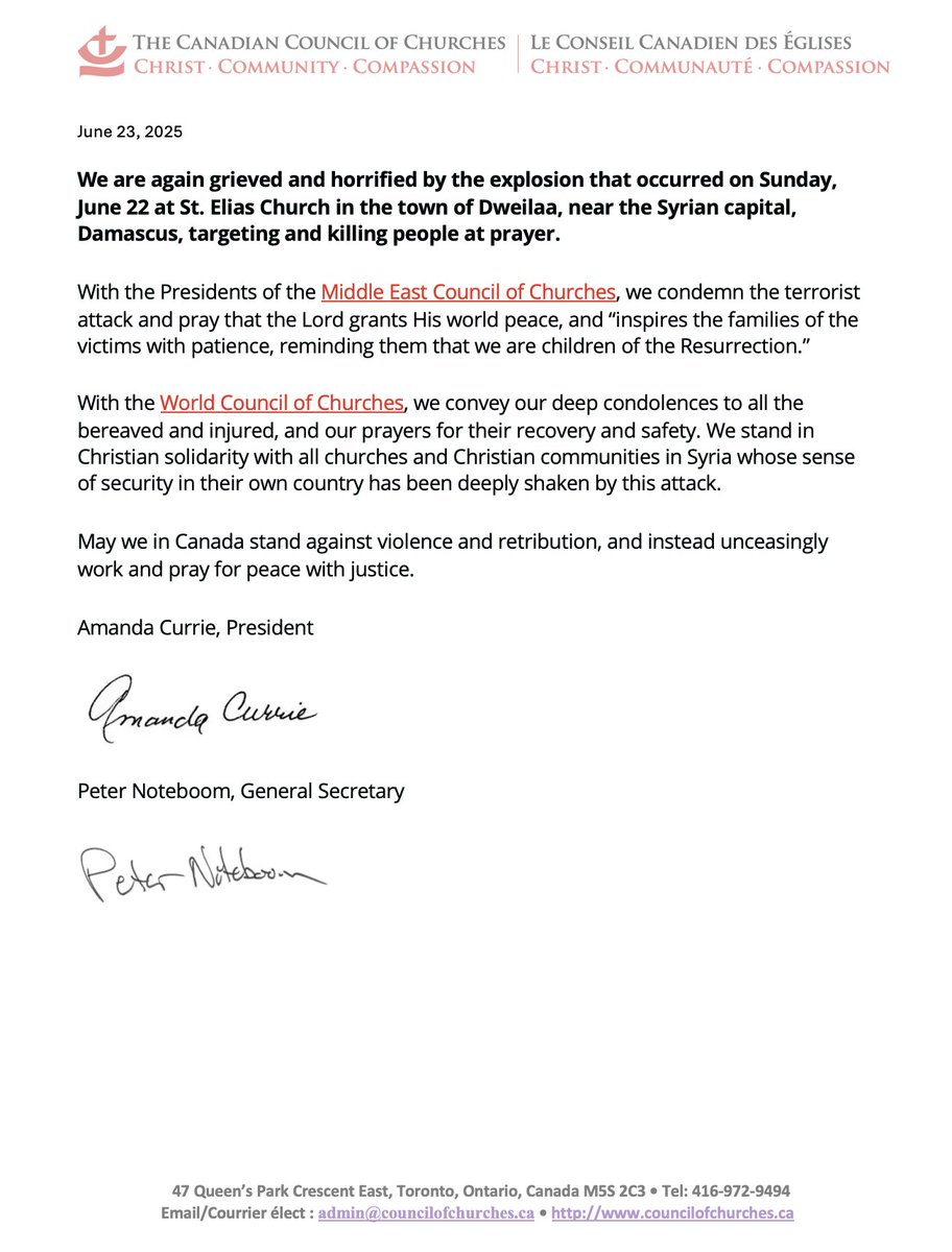 On June 23, President Rev. Amanda Currie and General Secretary Pastor Peter Noteboom released the following statement about the bombing of St Elias Greek Orthodox Church in Syria.