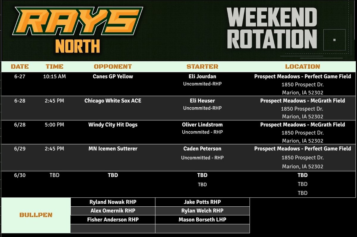 GRB North 15u Green schedule and rotation for this upcoming weekend at <a href="/IowaPG/">Perfect Game Iowa</a> WWBA North Championships! #RaysYourGame