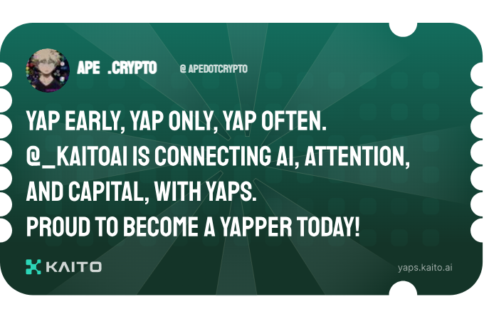 Yap early, yap only, yap often.

<a href="/KaitoAI/">Kaito AI 🌊</a> is connecting AI, attention and capital with Yaps.

Just claimed my social card and I'm accumulating Yap points in real-time.

Claim yours 👉 yaps.kaito.ai/referral/16219…