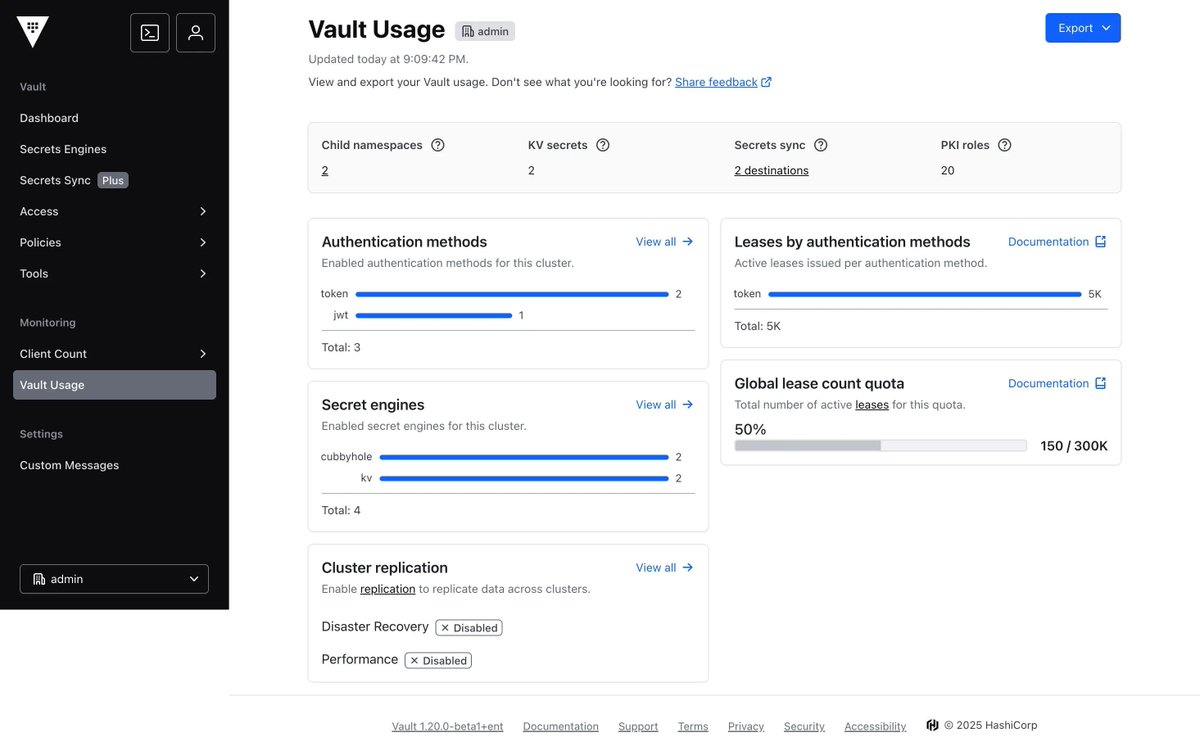 Vault Enterprise 1.20 is live! 

🚀 Automated certs with SCEP
📊 Vault usage reporting dashboard
☁️ Easy secret imports from AWS, Azure, &amp; GCP
💻 UI upgrades for TOTP, Vault login, and namespaces

Check out some of the Vault stats you can see in the new usage dashboard: