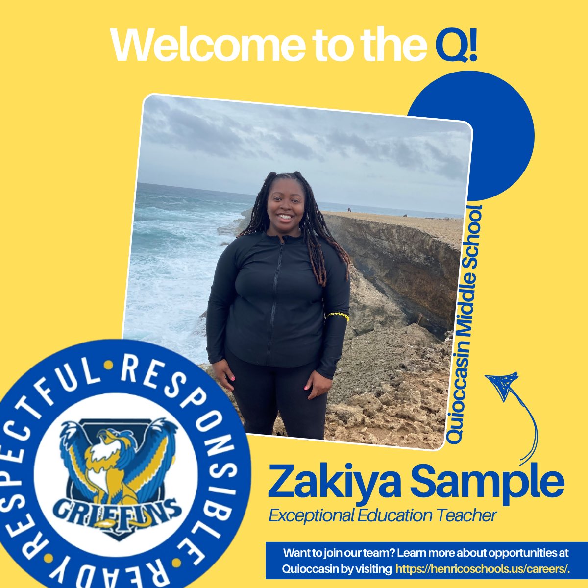 Griffins, please help us welcome Ms. Zakiya Sample to the QMS family!
Ms. Sample is joining our Exceptional Education team from Virginia Beach Public Schools, and we’re thrilled to have her.  💙💛✨📘
#WelcomeToTheQ #NewToTheQ #QMSTogetherAsOne #GoGriffins #InclusionMatters
