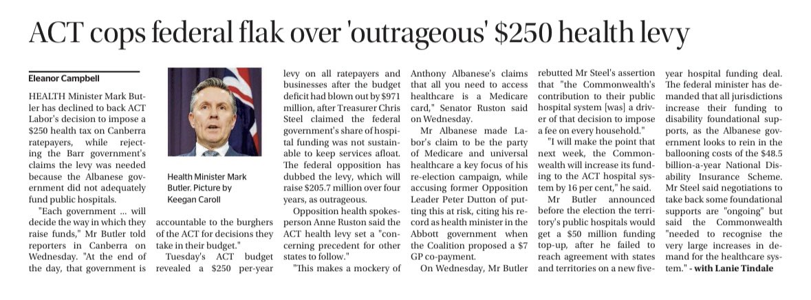 ElizabethLeeMLA's tweet image. So the ACT Treasurer is slogging you with this outrageous $250 health tax because he says the feds won’t cough up…
…except the federal Health Minister says that the Commonwealth is increasing funding for ACT hospitals by 16%.
#BudgetFail