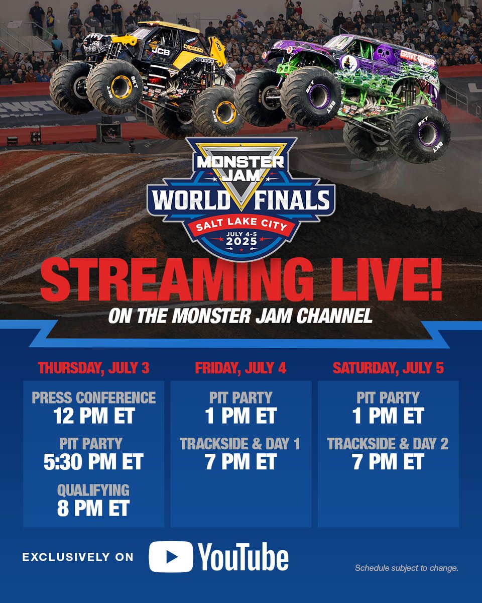 MonsterJam's tweet photo. Canโt make it to MJWF next week? Weโre bringing the action to YOU! Catch the Press Conference, Pit Party & Trackside LIVEโonly on our YouTube!
๐ https://t.co/xtsKpzrqwH for details and additional ways to watch
#MonsterJam #MJWF #YouTube #PitParty #Trackside #MonsterTrucks https://t.co/P4ZHoLNwio