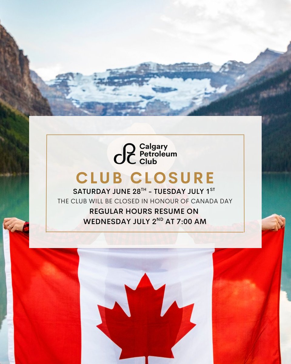Friendly reminder that the Club will be closed this coming weekend in honour of Canada Day. 

Closed Saturday, June 28th - Tuesday, July 1st. Regular hours will resume on Wednesday, July 2nd at 7:00 am! 

We wish you all a safe and happy long weekend! ❤️🤍🍁