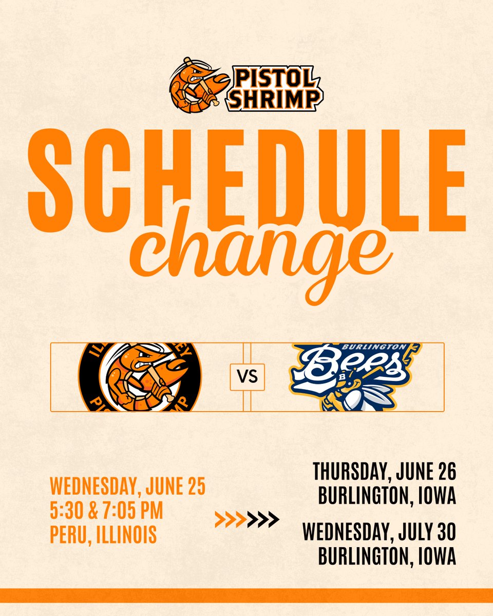 Tonight's Pistol Shrimp &amp; Bees game in Peru has been postponed due to weather. 🌧️

Game one, set to be resumed from last night, will now be resumed tomorrow in Burlington as part of a doubleheader. #FearTheClaw