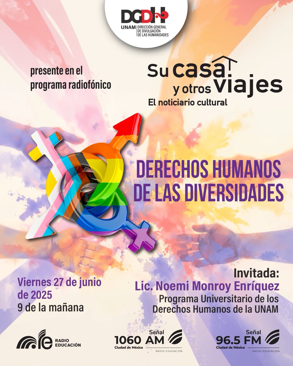 🏳️‍🌈Todos los días las personas LGBTTTIQ+ sufren la nula garantización de sus derechos humanos.
🔴Sobre esta problemática hablará  la Lic. Noemi Monroy Enríquez, secretaria académica del <a href="/PUDHUNAM/">PUDH UNAM</a>, en la transimisión de <a href="/notisucasaRE/">SuCasaYOtrosViajes</a>.
🗓️Viernes 27 de junio.
📻<a href="/RadioEducacion/">Radio Educación</a>.