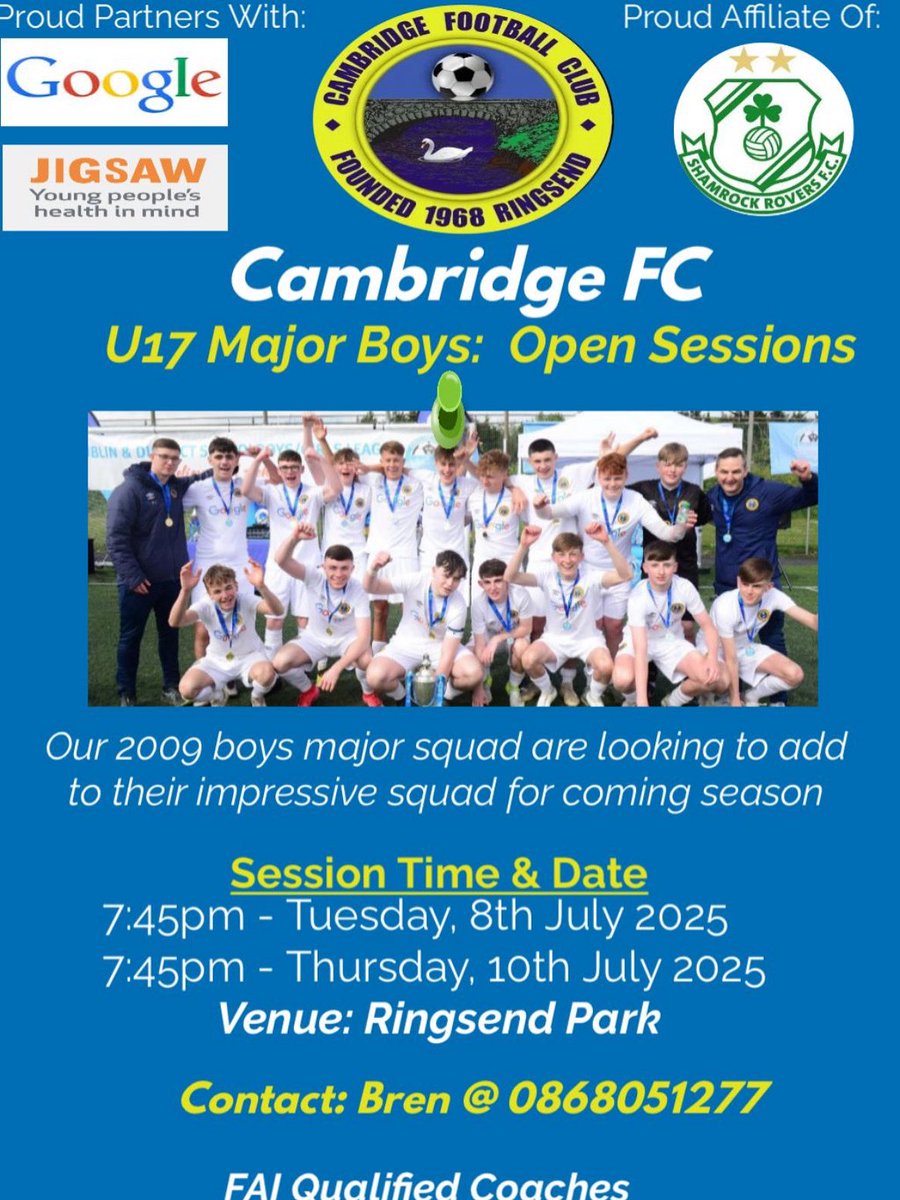 Our 2009 boys, fresh from their cup final victory last year are looking to add to their squad. 🔵⚽️