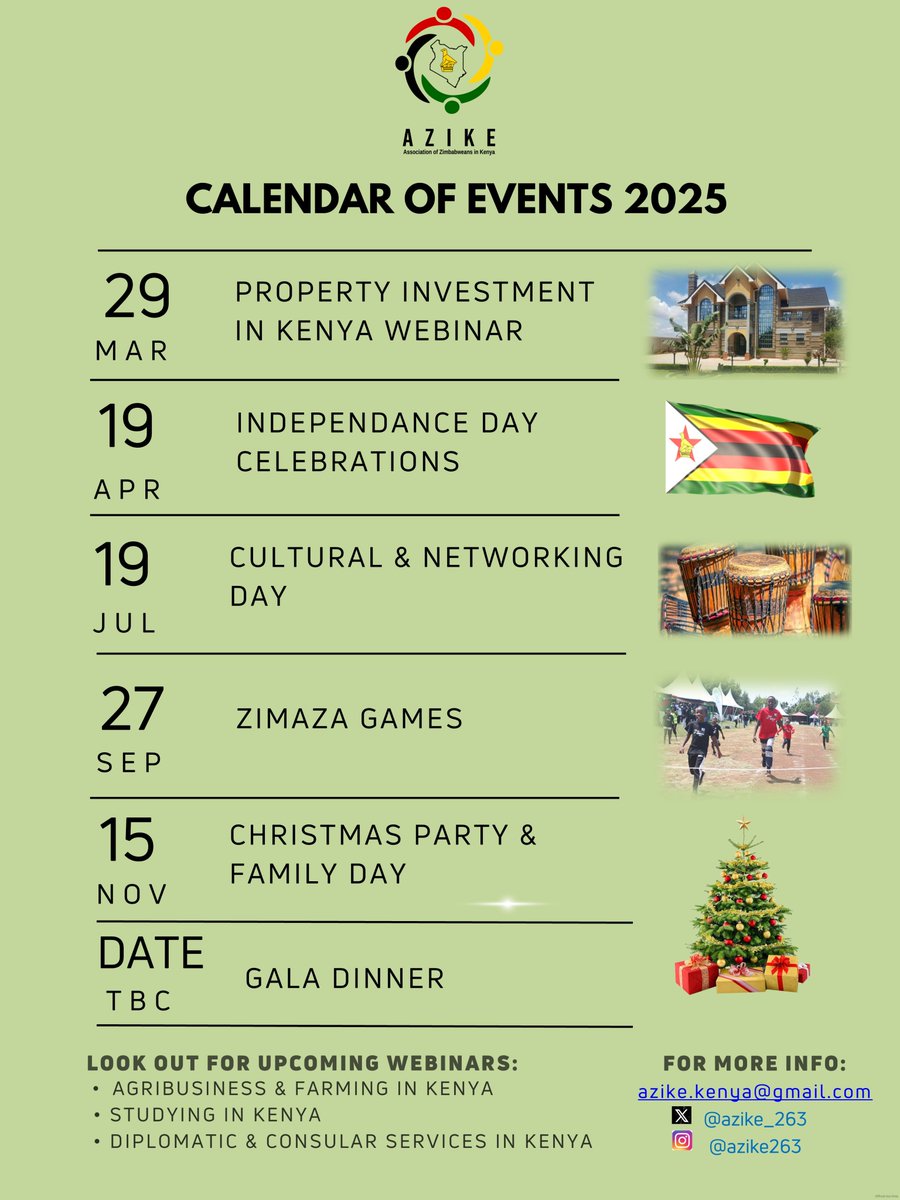 Introducing the AZIKE 2025 Calendar of Events!

From culture to community, business to wellness, investments to fun — we have lined up powerful moments to connect, celebrate &amp; grow together in 2025!

Let’s make 2025 unforgettable — the AZIKE way!

#AZIKE #ZimKenya #StayConnected