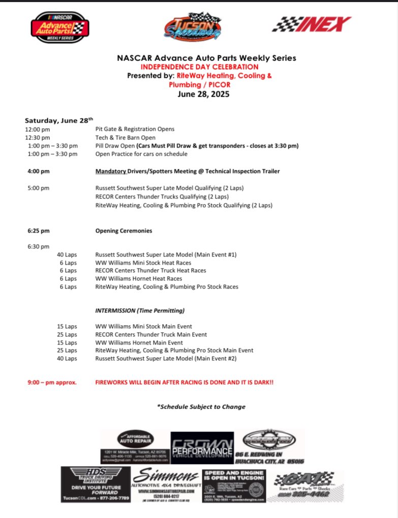 June 28 Independence Night race schedule:

Come for the action, stay for the post-race fireworks!🎇🎆

Gates: 5:00pm 

Tickets: myracepass.com/tracks/3367/ti…

+ Streaming on <a href="/LBTV_racing/">Low Budget TV</a>