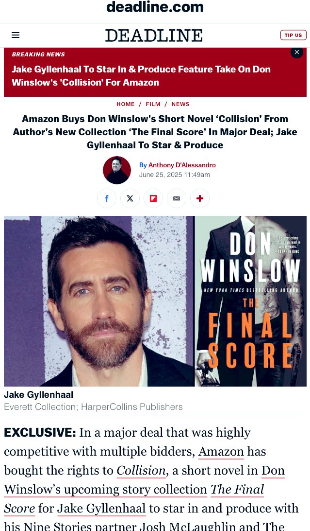 Don Winslow (@donwinslow) on Twitter photo It's been a remarkable 6 days with the G.O.A.T <a href="/StephenKing/">Stephen King</a> calling The Final Score "the best crime fiction he's read in 20 years" and then this exciting film news with Jake Gyllenhaal and <a href="/amazon/">Amazon</a> and <a href="/AmazonMGMStudio/">Amazon MGM Studios</a>
Order here:
Amazon: amzn.to/4kgJpFk
B&N: It's been a remarkable 6 days with the G.O.A.T <a href="/StephenKing/">Stephen King</a> calling The Final Score "the best crime fiction he's read in 20 years" and then this exciting film news with Jake Gyllenhaal and <a href="/amazon/">Amazon</a> and <a href="/AmazonMGMStudio/">Amazon MGM Studios</a>
Order here:
Amazon: amzn.to/4kgJpFk
B&N: