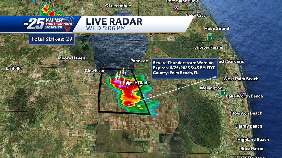 A Severe Thunderstorm that stretches south from the southern part of Lake Okeechobee, is moving slowly west.
The Warning is in effect until 5:45pm.  The storm has wind gusts of 60mph and quarter size hail.
Severe Thunderstorm