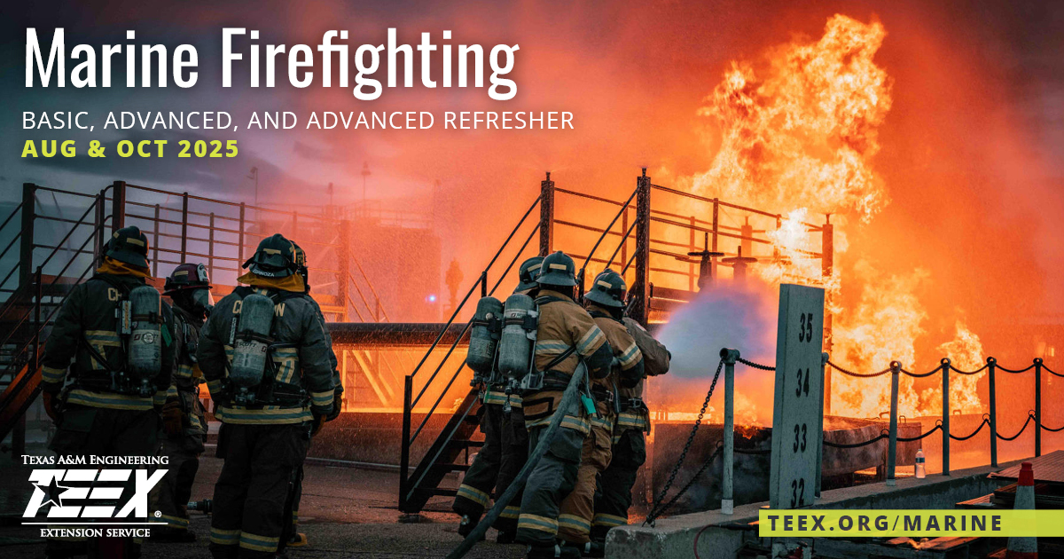 TEEXfire's tweet image. Register today for Basic, Advanced, and Advanced Refresher Marine Firefighting classes this August or October.