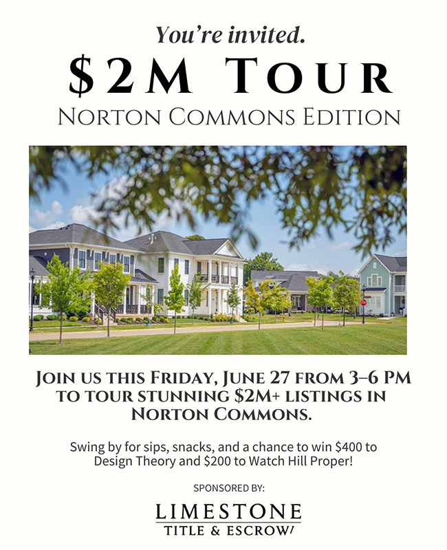 You’re invited to join us this Friday from 3-6pm to tour our stunning $2M+ listings in Norton Commons. Swing by for sips, snacks, and a chance to win $400 to Design Theory and $200 to Watch Hill Proper. This event is sponsored by Limestone Title and Escrow. #NortonCommonsLife