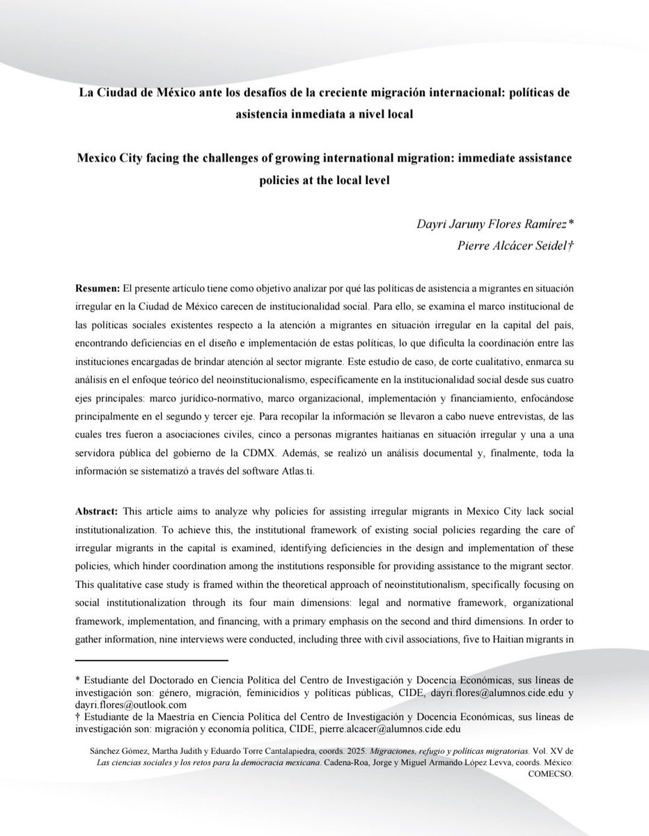 Dayri J. Flores Ramírez (@dayfleurs) on Twitter photo Les comparto, con mucha alegría, que acaba de salir publicada una investigación que hicimos <a href="/PierreAlcacer/">PierreAlcácer</a> y yo, sobre las políticas de asistencia a personas migrantes en situación irregular en la CDMX
Aquí pueden consultar el volumen completo:
comecso.com/memorias/ixcnc… Les comparto, con mucha alegría, que acaba de salir publicada una investigación que hicimos <a href="/PierreAlcacer/">PierreAlcácer</a> y yo, sobre las políticas de asistencia a personas migrantes en situación irregular en la CDMX
Aquí pueden consultar el volumen completo:
comecso.com/memorias/ixcnc…