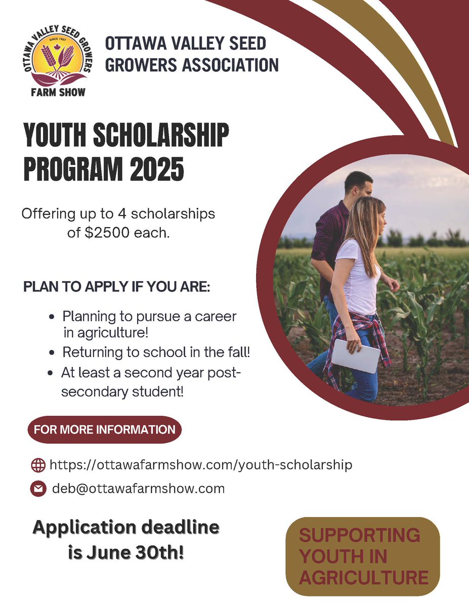 The deadline for applications is almost here!  Don't forget to submit your application by June 30th for a chance at one of four $2500 OVSGA scholarships!

ottawafarmshow.com/youth-scholars…