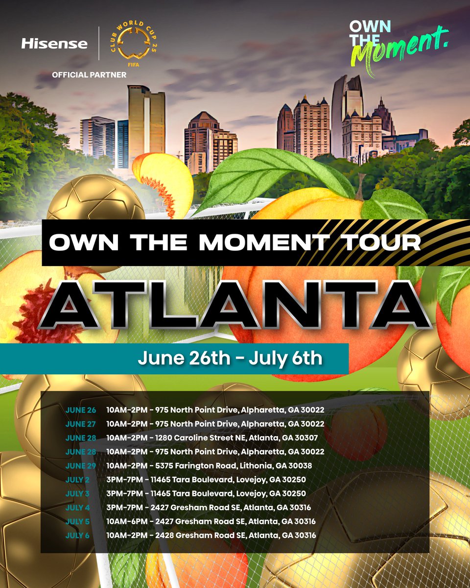 Atlanta starts tomorrow! 

The Hisense Fan Zone is coming to the ATL with newly updated dates.
Don’t miss the Own the Moment Tour!

#Hisense #OfficialPartner #OwnTheMoment #FIFAClubWorldCup2025 #FanZone