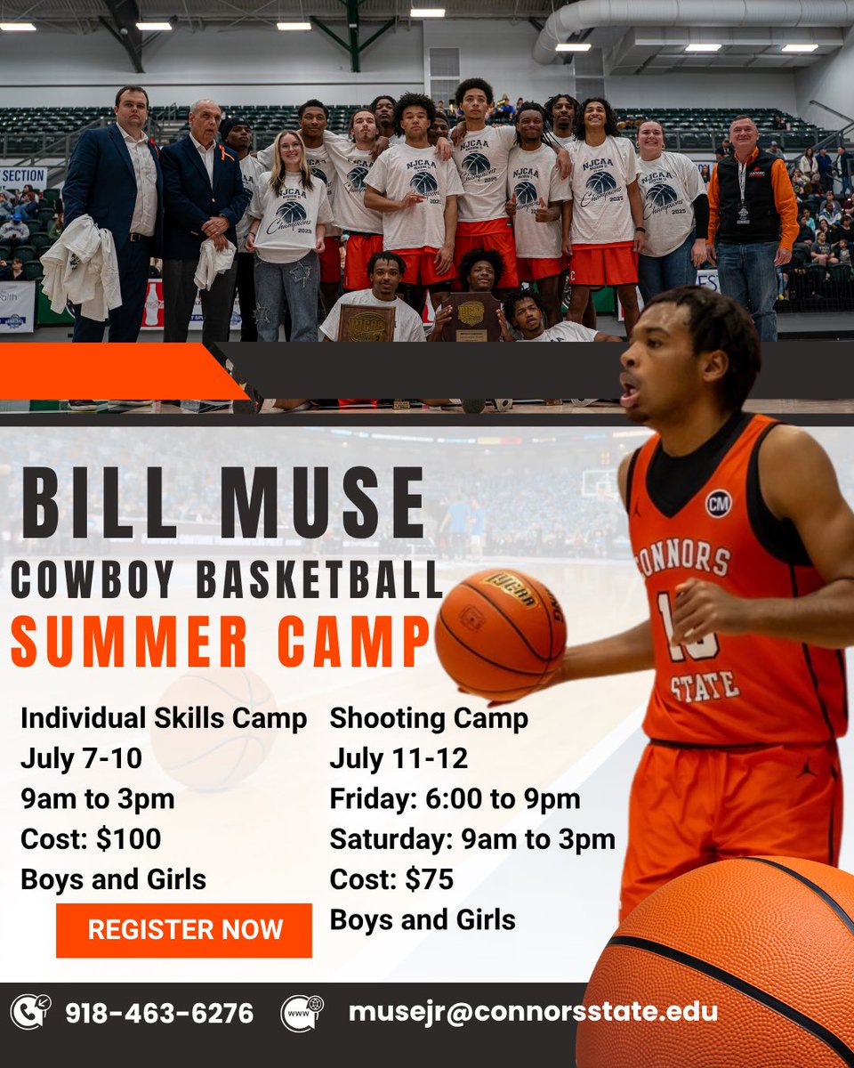 ⏳ Only 12 days left!
Don’t miss your chance to train with the best at the Bill Muse Cowboy Basketball Camp 🏀🔥
📅 July 7-10 (Individual Skills Camp)
📅 July 11-12 (Shpoting Camp)
📍 Melvin Self Foeldhouse, Warner, OK
✅ All skill levels
🔗 Boys and Girls