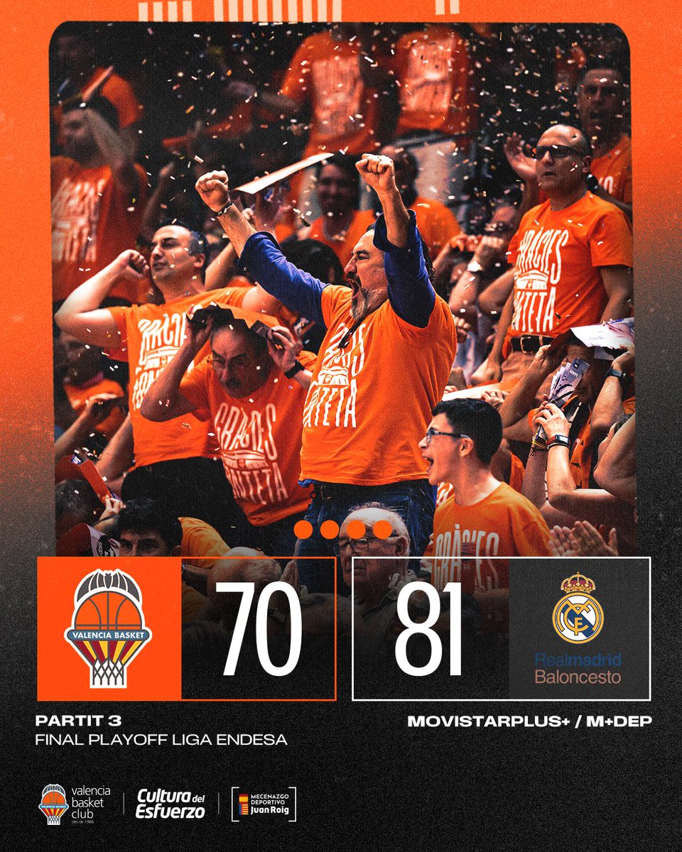 Estimada Fonteta 🧡

Hasta aquí 38 años de partidos oficiales. El domingo nos vemos para cerrar nuestra bonita historia de amor. 😢

🟠 <a href="/valenciabasket/">Valencia Basket Club</a> 70
⚪ <a href="/RMBaloncesto/">Real Madrid Basket</a> 81

🏆 P3 F #PlayOffLigaEndesa
🤝 Vitaldin Sport