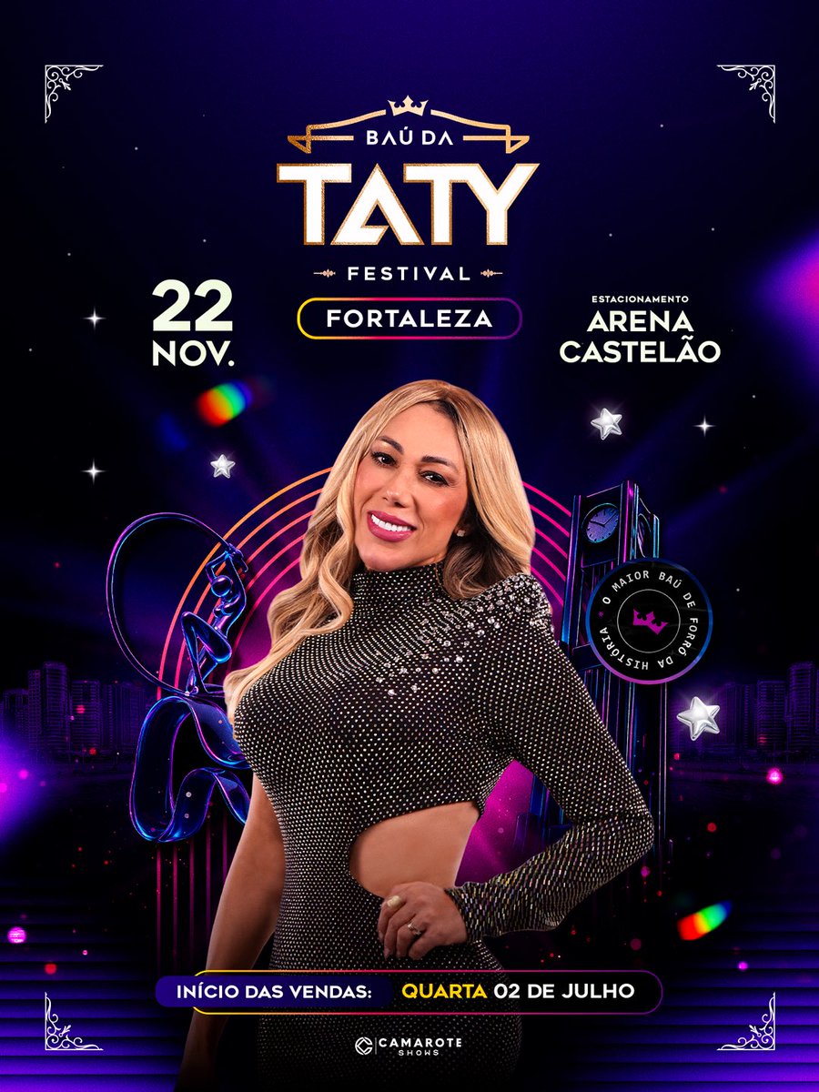 tatygirl's tweet image. Agora é oficial, Fortaleza! Dia 22 de novembro temos um encontro marcado pra curtir o maior baú de forró da história no Estacionamento da Arena Castelão! Pra cima! ⏳✨

Início das vendas: Quarta • 02 de julho.

#TatyGirl #BaúDaTatyFestival #PraCima #ADonaDoBaú #CamaroteShows