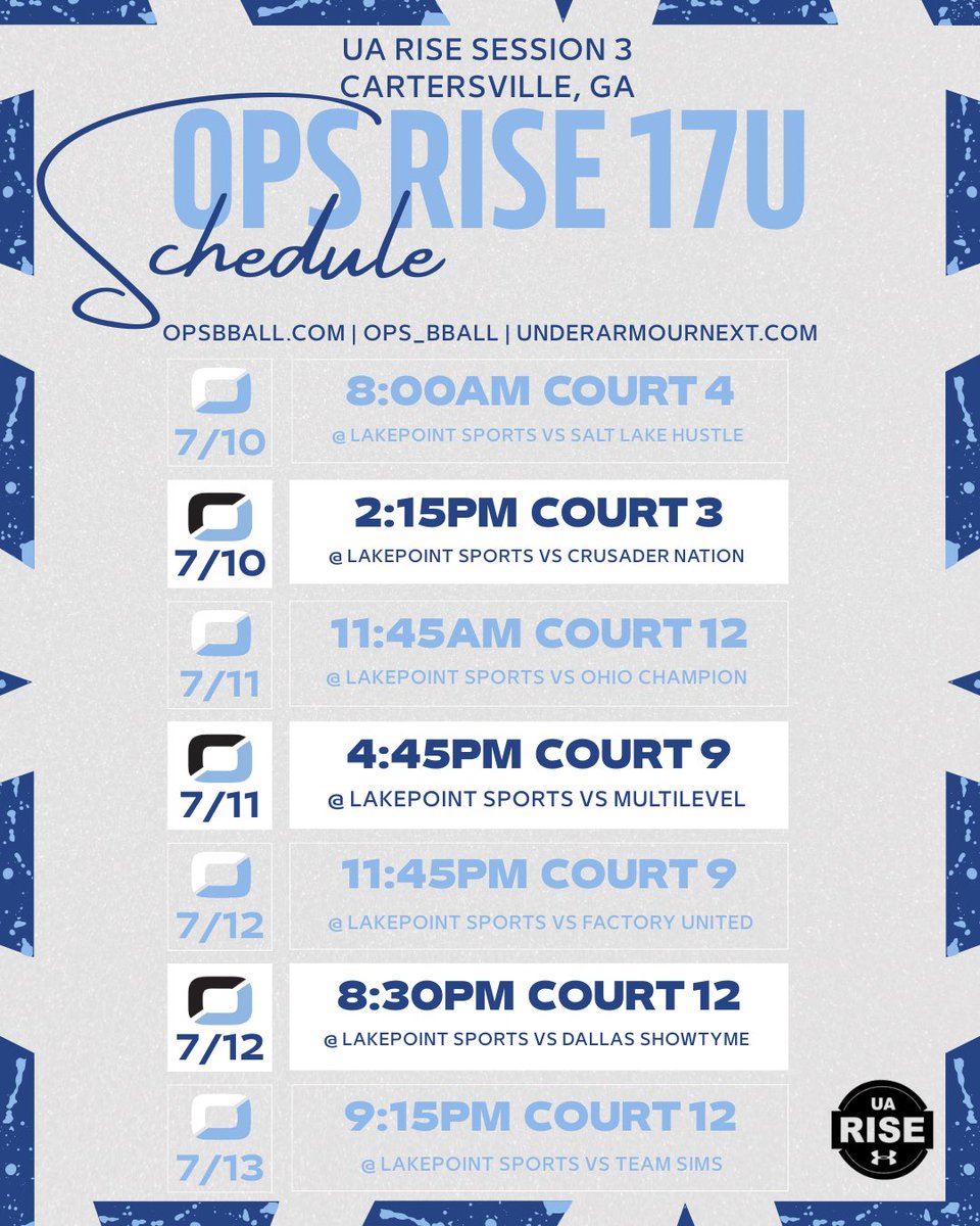 UA RISE SCHEDULES ARE OUT!!

Excited for OPS BBALL to return this July! 😤

Our High School Boys UA Rise teams will be competing in Cartersville, GA for Session 3 of @risecircuit.

#uarise #opsbball #rethinkyourlimits