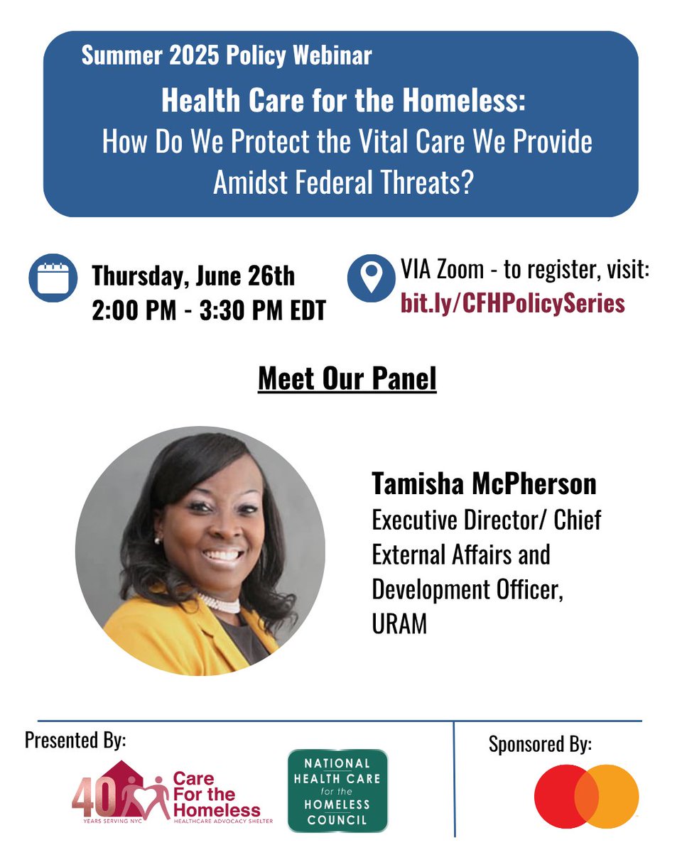CFHNYC's tweet image. You don’t want to miss our webinar tomorrow. Hear from Tamisha McPherson of @harlemunitednyc on what challenges Health Care for the Homeless providers are facing and how they are responding to that.
Register today! bit.ly/CFHPolicySeries
#EndHomelessness @NatlHCHCouncil