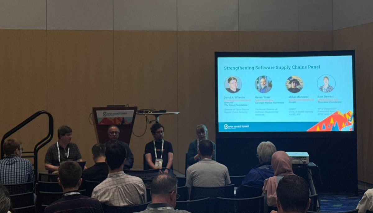 openssf's tweet photo. Mihai (Google), Kate (The Linux Foundation), David (The Linux Foundation) and Hasan (CMU/SEI) explore how aligning #SLSA provenance with #SPDX SBOM can strengthen software supply chains. #OSSummit https://t.co/4iQMuTbBXs